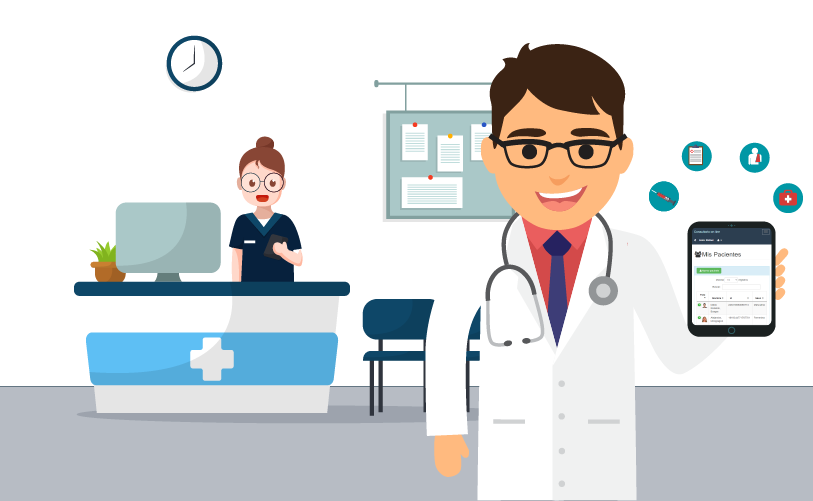 Médico y secretaria trabajando con HonduSalud